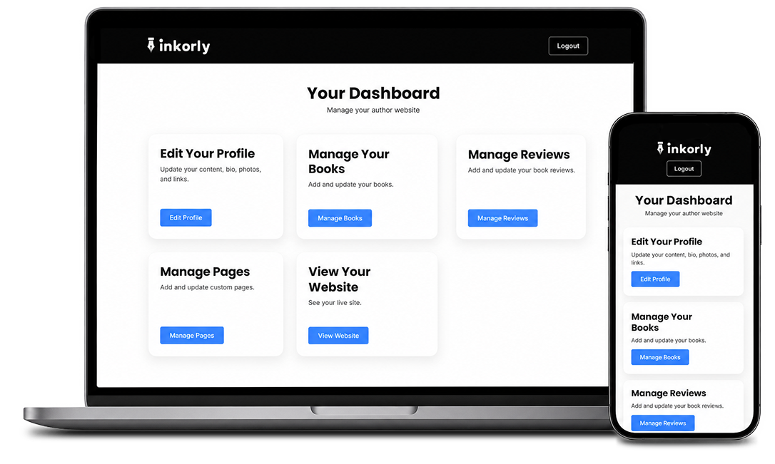 Inkorly custom author websites dashboard shown on a laptop and phone
